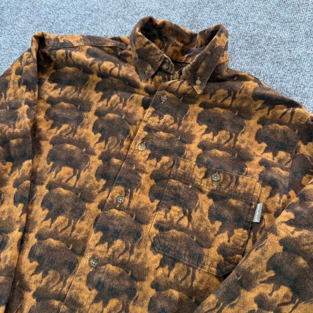 Woolrich Mens Large Brown Buffalo Animal Print Cotton Flannel Button Down Shirt